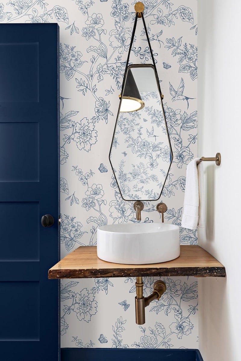 Froluya Cream White and Blue Floral Wallpaper Peel and Stick Wallpaper 17.7"x118.1" Vintage Floral Peel and Stick Wall Paper Removable Boho Self Adhesive Contact Paper for Bedroom Bathroom Vinyl - Image 2